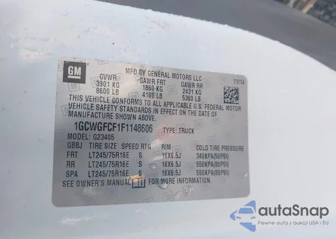 2015 Chevrolet Express 2500 Work Van из США, поврежденный, VIN 1GCWGFCF1F1148606